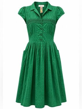 Maeve Anthropologie Green Swiss Dot Midi Dress Pockets Size 8
